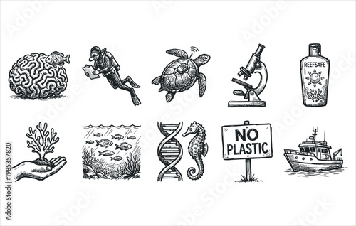 Clinical underwater science and ecological sea life monitoring hand drawn ink