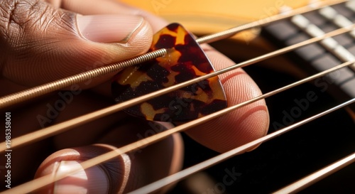 Close-up of hand playing guitar strings.