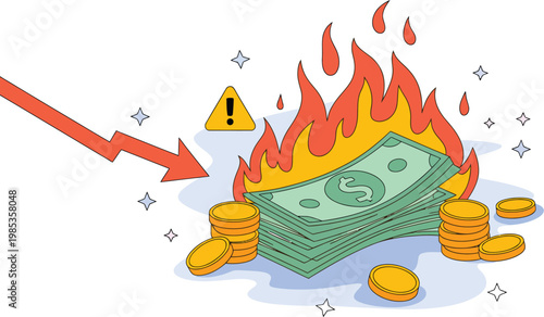Illustration depicting financial losses and increasing costs, vector concept showing downward graphs, rising expense arrows, and negative economic trends, representing budget strain, inflation