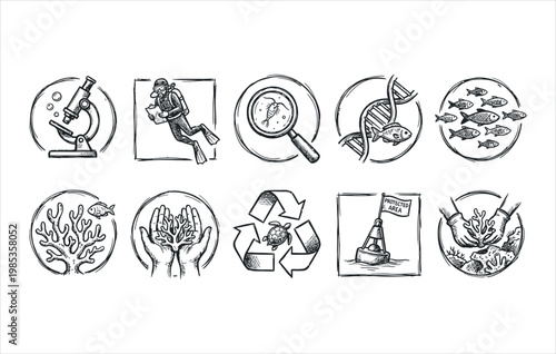 Ecological underwater protection and coral nursery symbols hand drawn doodle