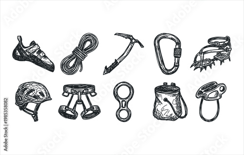 Extreme mountain ascent tools and professional bouldering accessories hand drawn doodle