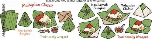 Malaysian Nasi Lemak Bungkus Banana Leaf Wrapped, Illustration Doodle Cartoon Collection