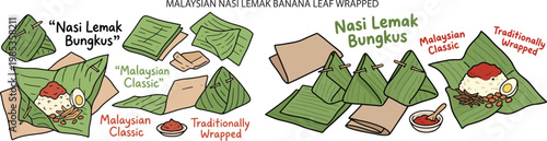 Malaysian Nasi Lemak Bungkus Banana Leaf Wrapped, Illustration Doodle Cartoon Collection