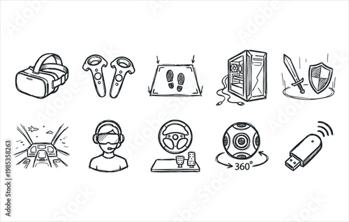 High performance gaming pc and 360 degree reality graphics hand drawn ink