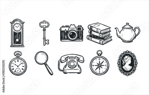 Historical memorabilia and old world decorative elements hand drawn woodcut