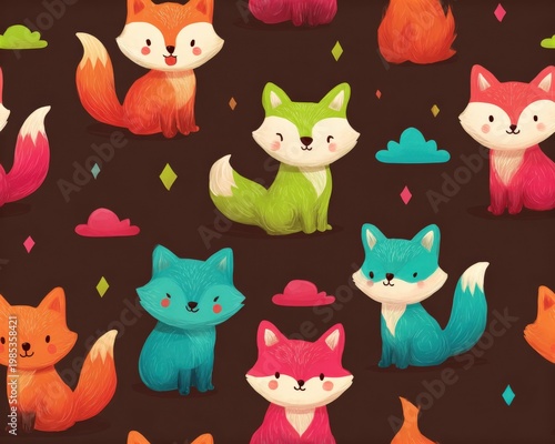 Charming Seamless Pattern of Adorable Cartoon Foxes in Various Bright Colors on a Dark Background