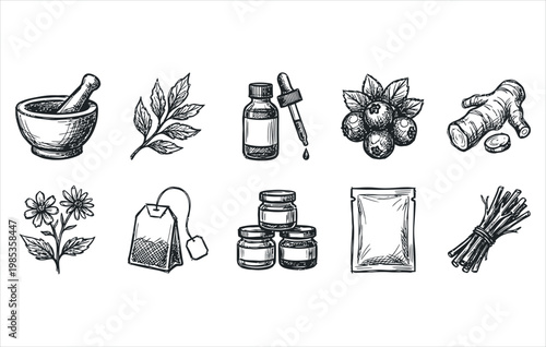 Phytotherapy remedies and natural plant extraction symbols hand drawn woodcut
