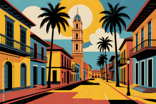 Colorful stylized illustration of a tropical city street scene with palm tree, illustration