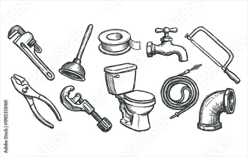 Plumbing tools and bathroom fixture collection hand drawn vintage sketch