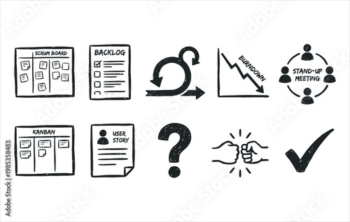 Project planning and software development synergy symbols hand drawn ink