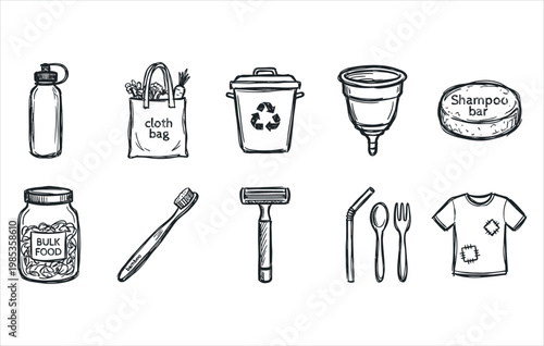 Waste reduction and environmental conscious lifestyle hand drawn sketch kit