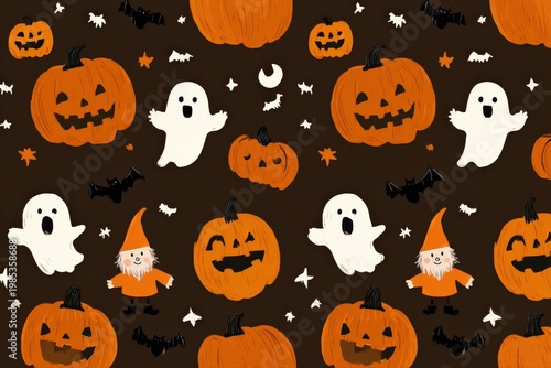 Spooky Halloween Pattern with Cute Ghosts, Jack-o'-lanterns, Gnomes, and Bats on Dark Brown Background
