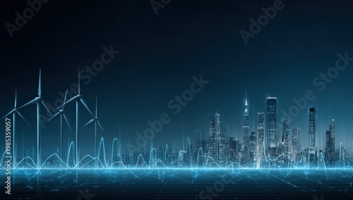 Futuristic cityscape with wind turbines and digital energy grid overlay, symbolizing smart city innovation and renewable power