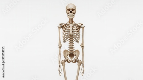 Full human skeletal model against a bright white background for anatomical study and education