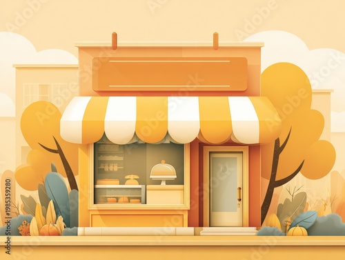 Charming Autumn Bakery Facade with Outdoor Seating and Fall Decorations