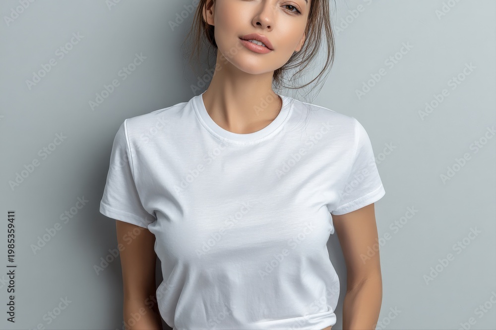 Fototapeta premium Young Woman Wearing Plain White T Shirt Against Grey Wall, Casual Fashion Portrait