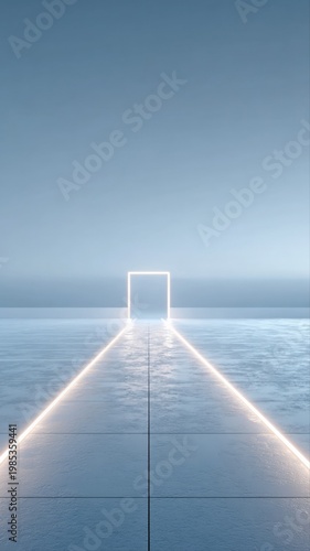 Futuristic glowing square portal on a reflective pathway with neon light lines, abstract concept