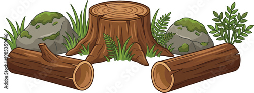 Wooden Stump and Log Vector Set with Rocks, Moss, and Greenery for Nature, Forest, and Outdoor Designs