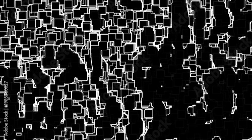 黒色の背景に白の線で描いた抽象的、幾何学的な柄の模様でデザインしたアートのような壁紙、グラフィックの素材