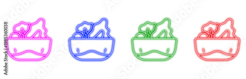 A colorful set of neon icons depicting a bowl of salad, representing healthy food, fresh ingredients, and nutritious eating options for a balanced diet.