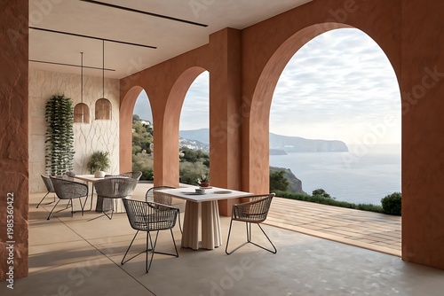 Terrace Restaurant Overlooking Coastal Landscape With Arches architecture building
