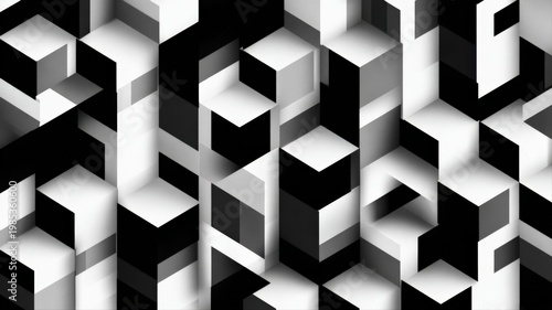 Monochromatic Abstract Geometric Isometric Cubes Pattern with Light and Shadow Play