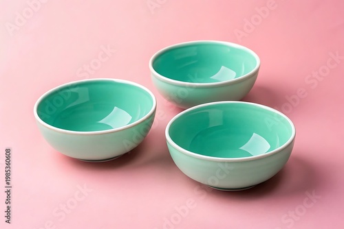 Three Teal Ceramic Bowls with Gold Rim on Pink Surface turquoise green
