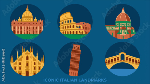 Iconic Italian Landmarks Flat Design Vector Illustration Collection