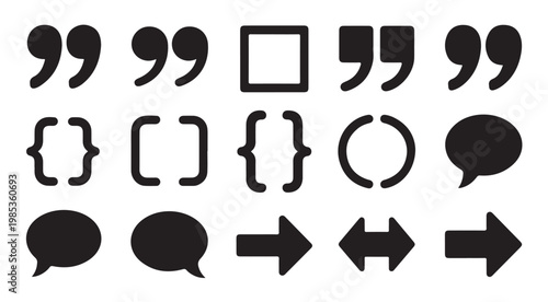 Set of various black vector quote marks, brackets, speech bubbles and arrow symbols.