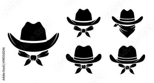 Western cowboy hat and neckerchief icon set with wild west, neckerchief