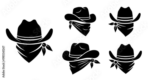 Cowboy hat and bandana icon collection set with wild west, silhouette