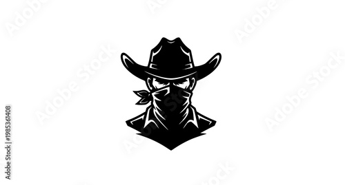 Black and white illustration of a cowboy with a bandana and hat