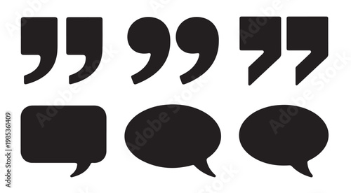 Collection of various speech bubble and quotation mark icons in black silhouette.