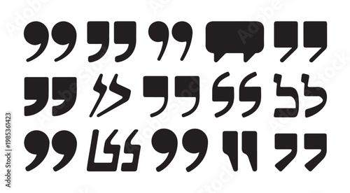 Diverse set of modern quotation mark and speech bubble icons in black silhouette.