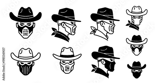 Set of graphic icons of cowboys wearing hats and face masks or bandanas