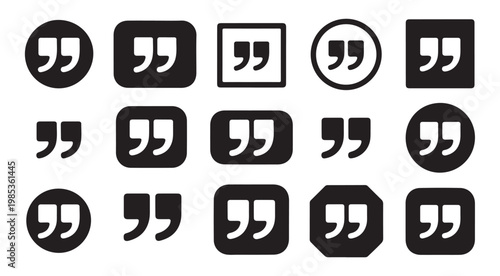 Assortment of framed quotation mark icons in black silhouette for design.