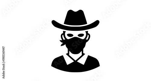 Icon of a bandit cowboy wearing a hat and a black bandana with bad guy