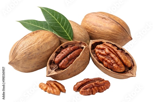 Whole and Cracked Pecans with Green Leaves on White Background Keywords: pecan, nut, nuts, food, ingredient, healthy