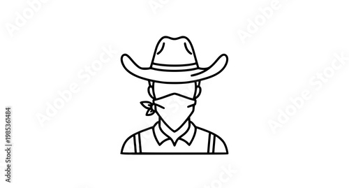 Outline illustration of a cowboy wearing a hat and bandana