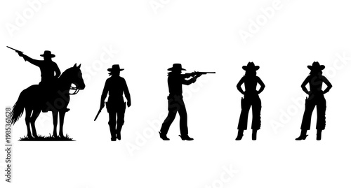 Cowboy and cowgirl silhouettes in the wild west with old west, conflict
