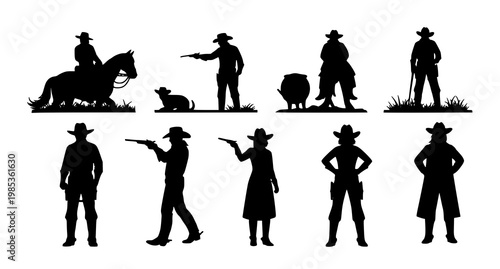 Wild west silhouettes featuring cowboys and cowgirls, old west