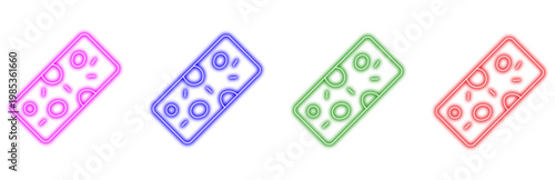 Set of colorful neon pizza icons showing a rectangular flatbread with pepperoni and herb toppings for restaurant menu designs and fast food delivery business marketing assets.