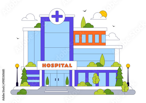 Hospital Building Vector Illustration Featuring Modern Healthcare Facility With Emergency Ambulance and Medical Center Exterior Design