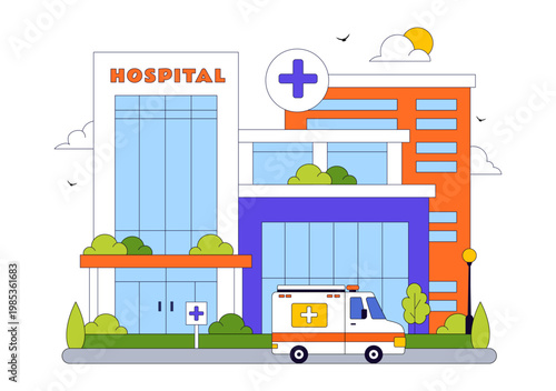 Hospital Building Vector Illustration Featuring Modern Healthcare Facility With Emergency Ambulance and Medical Center Exterior Design
