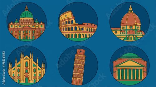 Famous Italian Landmarks Travel Icons Set