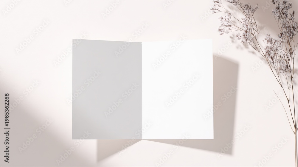 Fototapeta premium Blank greeting card mockup with dried floral accent and soft natural light casting shadows