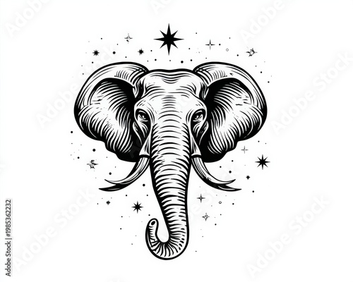 Detailed Vintage Engraving Style Elephant Head with Celestial Stars and Ornaments
