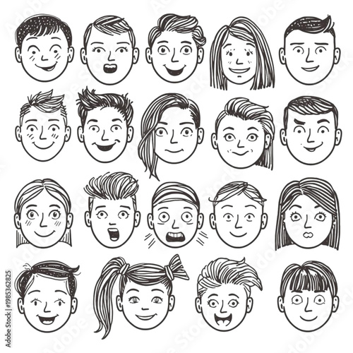 A collection of diverse cartoon-style faces showcasing a range of human emotions, from joy and surprise to thoughtfulness and excitement, depicted in a black and white illustration style