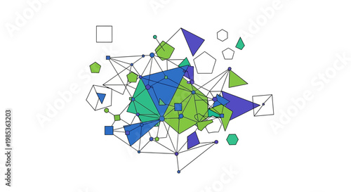 Abstract geometric network cluster with polygons and lines on white background