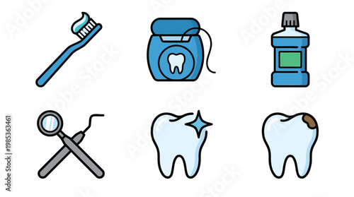 Dental care tools and equipment for teeth health.